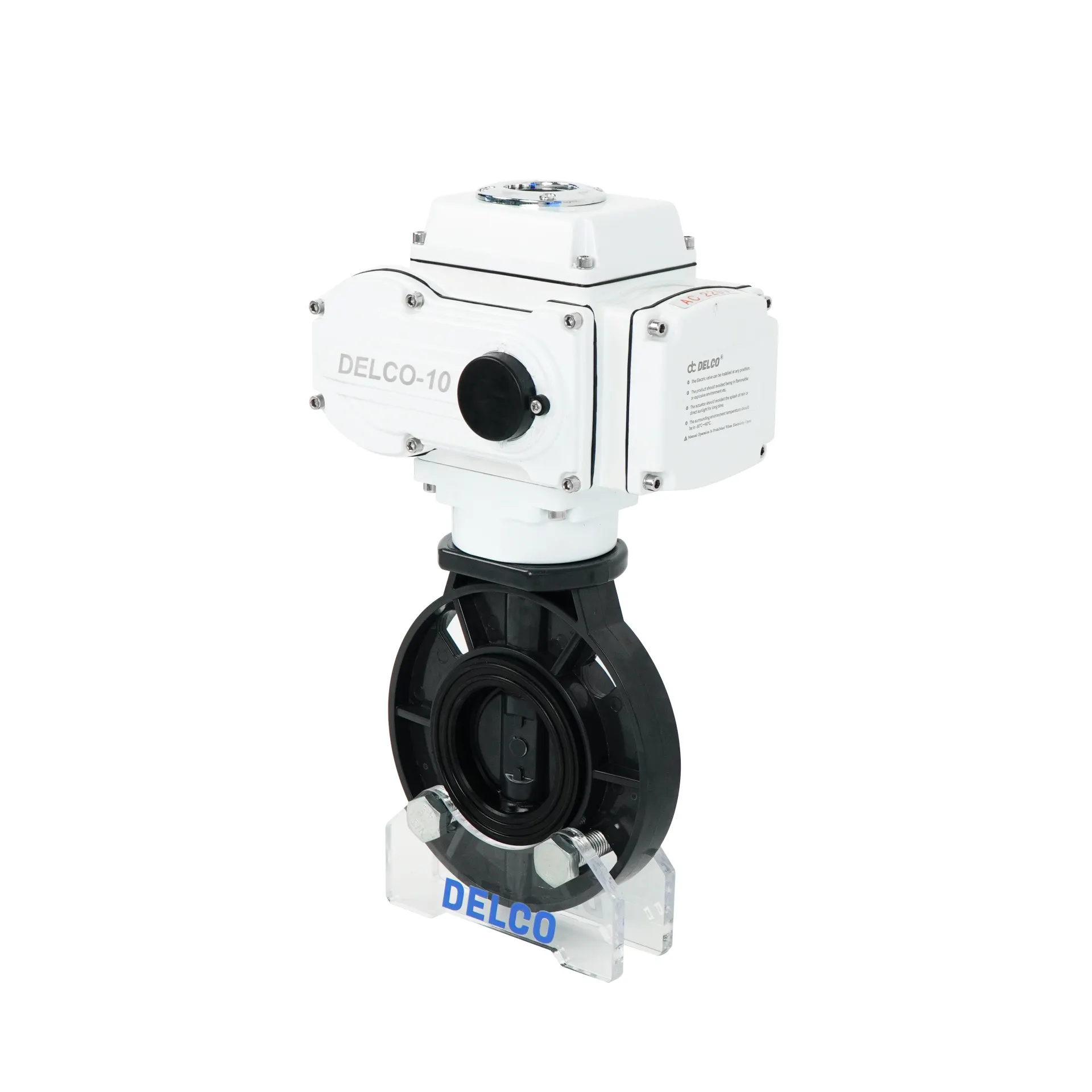 DK56-PB電動UPVCバタフライバルブの右側図。アクチュエーター接続およびバルブボディの詳細を示しています.